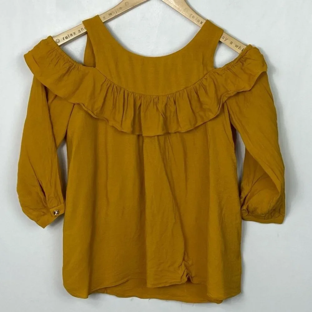 Anthropologie Maeve Brearly Mustard‎ Yellow Open Shoulder Ruffle Top Size 2 Boho - Picture 14 of 15